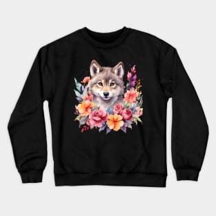 A wolf decorated with beautiful watercolor flowers Crewneck Sweatshirt